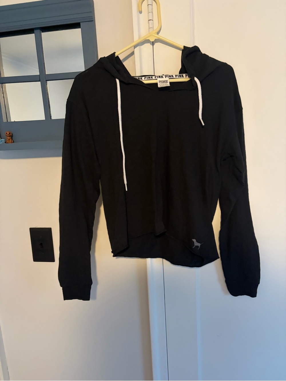 Victoria's Secret Black Cropped Hoodie with White Drawstrings